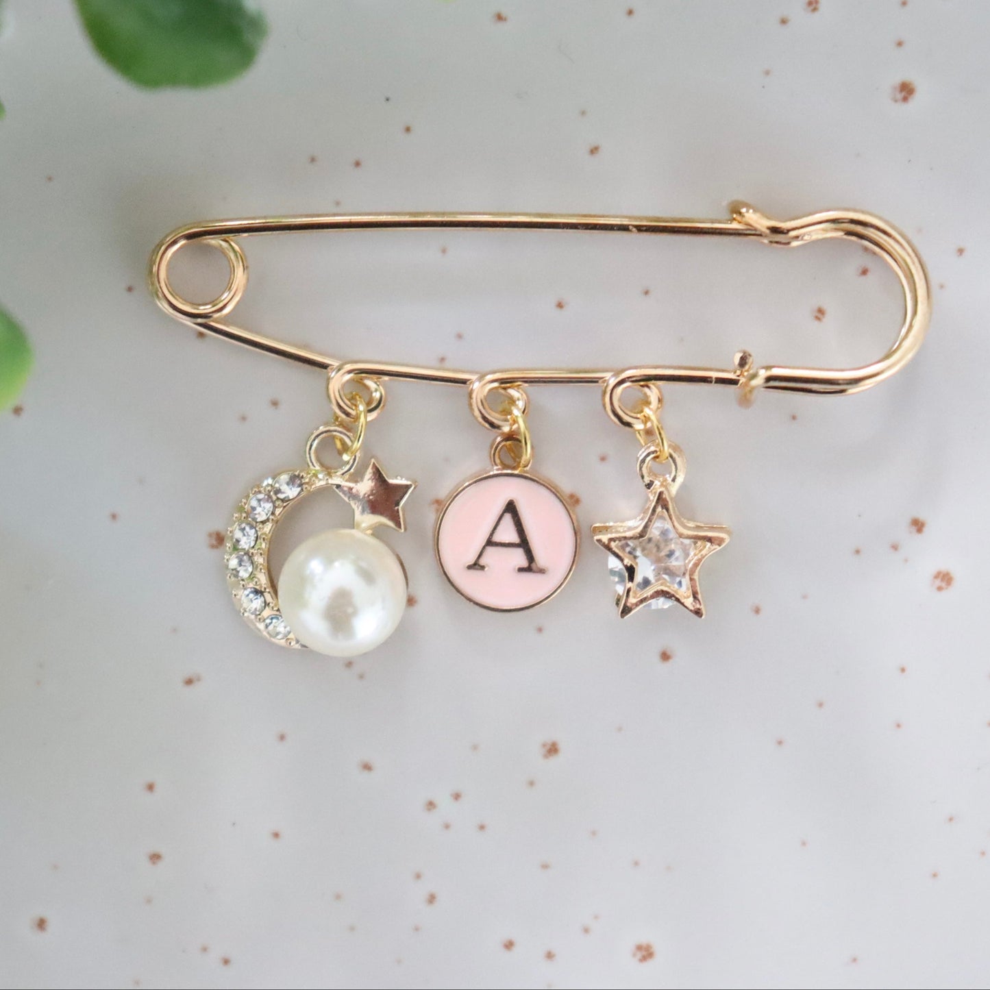 GOLD KEEPSAKE PIN I DIAMANTÉ PEARL MOON & STAR