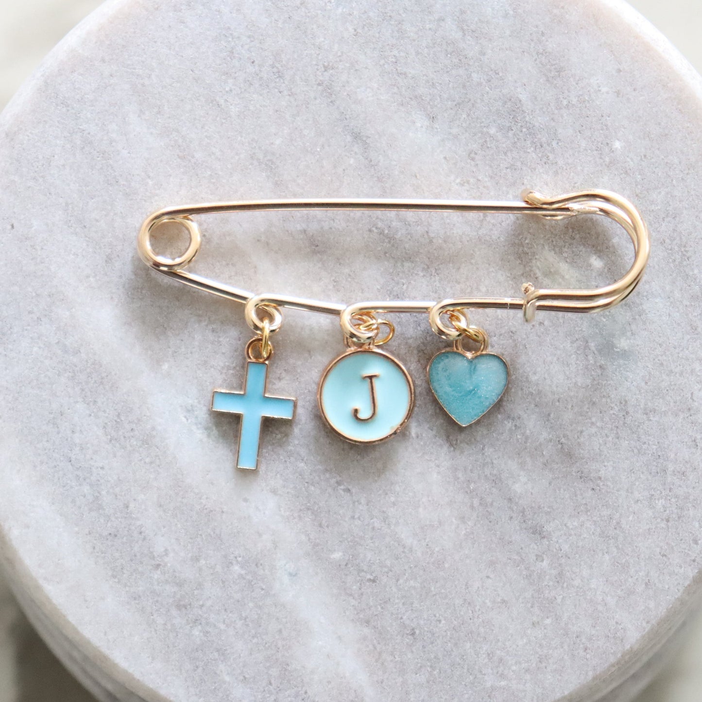 GOLD KEEPSAKE PIN I BLUE SIMPLE CROSS & HEART