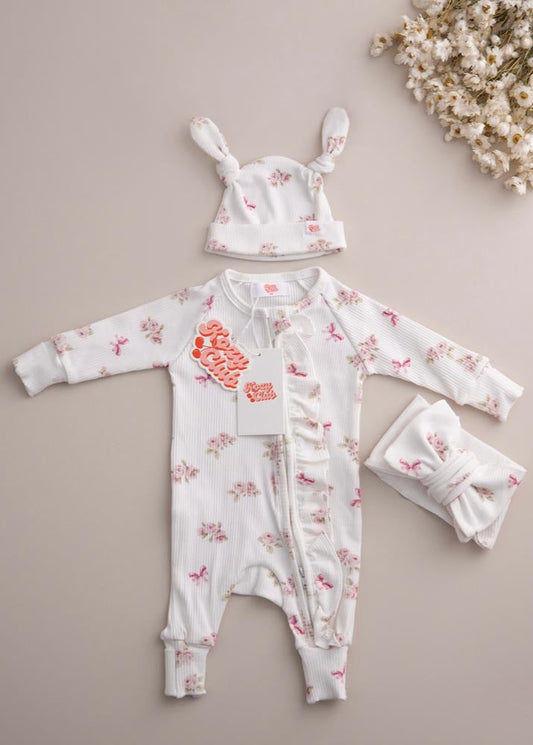 FRILL ZIP ROMPER I VINTAGE ROSES AND BOWS