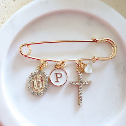 GOLD KEEPSAKE PIN I DIAMANTÉ MOTHER MARY AND CROSS